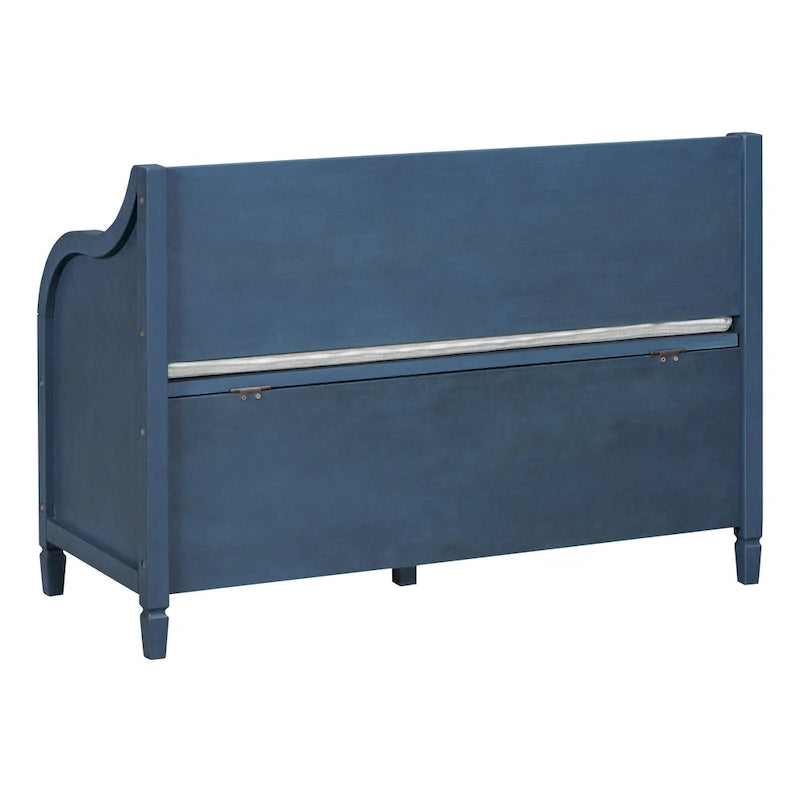 Banc de rangement rustique, cadre en bois massif, coussin fendu, charnière de sécurité, 107 cm (L) x 46 cm (l) x 75 cm (H), 113 kg, 2 places, blanc/bleu marine antique/marron+beige/gris délavé