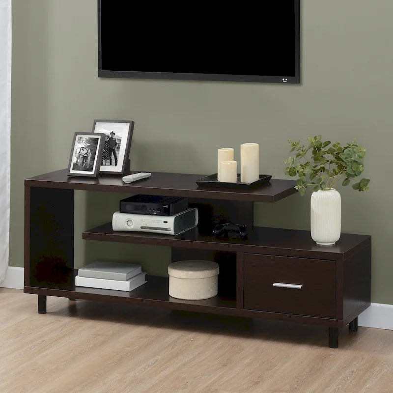 Meuble TV pour téléviseurs jusqu'à 65", 1 tiroir et 3 étagères ouvertes, bois manufacturé, 59"L x 15.5"P x 23.5"H, multicolore