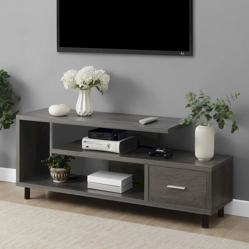 Meuble TV pour téléviseurs jusqu'à 65", 1 tiroir et 3 étagères ouvertes, bois manufacturé, 59"L x 15.5"P x 23.5"H, multicolore