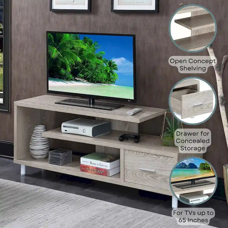 Meuble TV pour téléviseurs jusqu'à 65", 1 tiroir et 3 étagères ouvertes, bois manufacturé, 59"L x 15.5"P x 23.5"H, multicolore