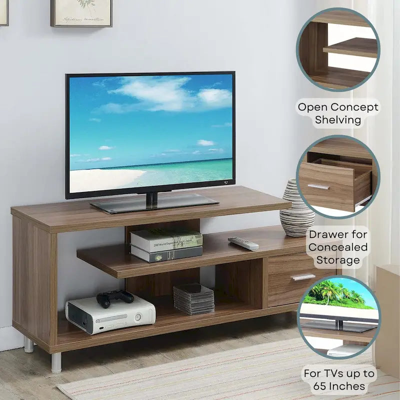 Meuble TV pour téléviseurs jusqu'à 65", 1 tiroir et 3 étagères ouvertes, bois manufacturé, 59"L x 15.5"P x 23.5"H, multicolore