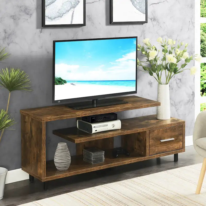Meuble TV pour téléviseurs jusqu'à 65", 1 tiroir et 3 étagères ouvertes, bois manufacturé, 59"L x 15.5"P x 23.5"H, multicolore