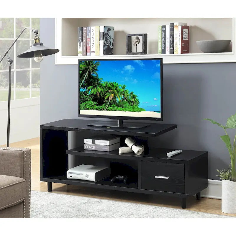 Meuble TV pour téléviseurs jusqu'à 65", 1 tiroir et 3 étagères ouvertes, bois manufacturé, 59"L x 15.5"P x 23.5"H, multicolore