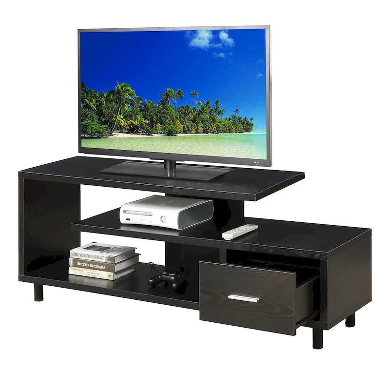 Meuble TV pour téléviseurs jusqu'à 65", 1 tiroir et 3 étagères ouvertes, bois manufacturé, 59"L x 15.5"P x 23.5"H, multicolore
