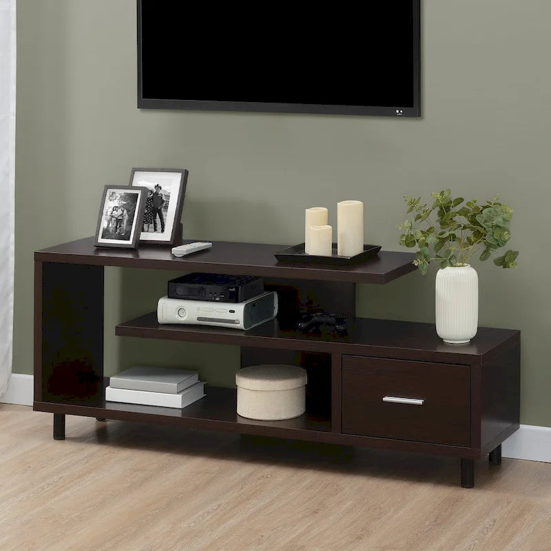Meuble TV pour téléviseurs jusqu'à 65", 1 tiroir et 3 étagères ouvertes, bois manufacturé, 59"L x 15.5"P x 23.5"H, multicolore