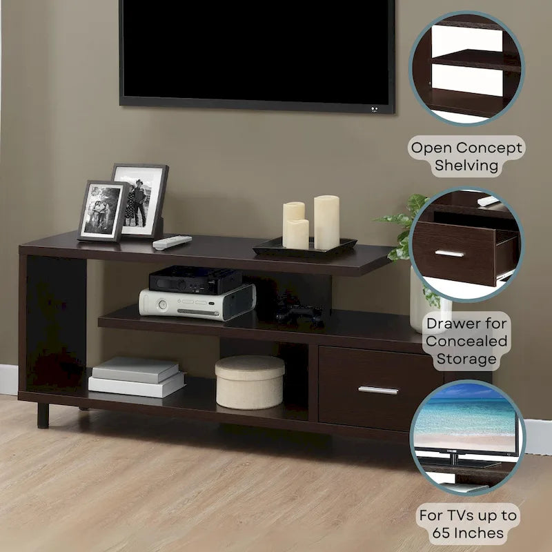 Meuble TV pour téléviseurs jusqu'à 65", 1 tiroir et 3 étagères ouvertes, bois manufacturé, 59"L x 15.5"P x 23.5"H, multicolore