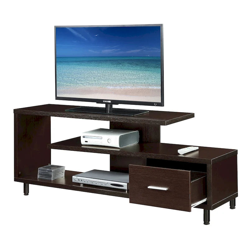 Meuble TV pour téléviseurs jusqu'à 65", 1 tiroir et 3 étagères ouvertes, bois manufacturé, 59"L x 15.5"P x 23.5"H, multicolore