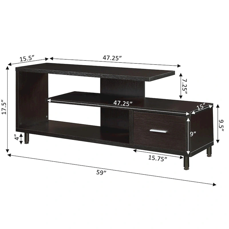 Meuble TV pour téléviseurs jusqu'à 65", 1 tiroir et 3 étagères ouvertes, bois manufacturé, 59"L x 15.5"P x 23.5"H, multicolore