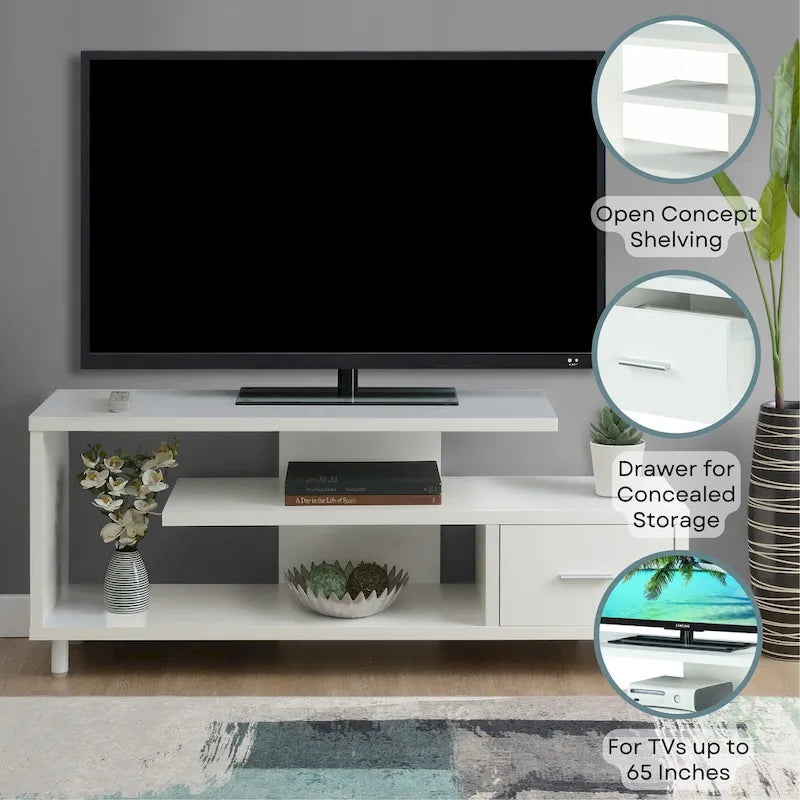 Meuble TV pour téléviseurs jusqu'à 65", 1 tiroir et 3 étagères ouvertes, bois manufacturé, 59"L x 15.5"P x 23.5"H, multicolore