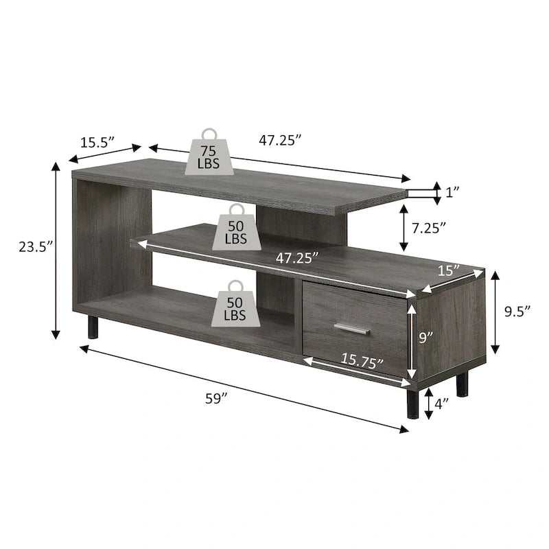 Meuble TV pour téléviseurs jusqu'à 65", 1 tiroir et 3 étagères ouvertes, bois manufacturé, 59"L x 15.5"P x 23.5"H, multicolore