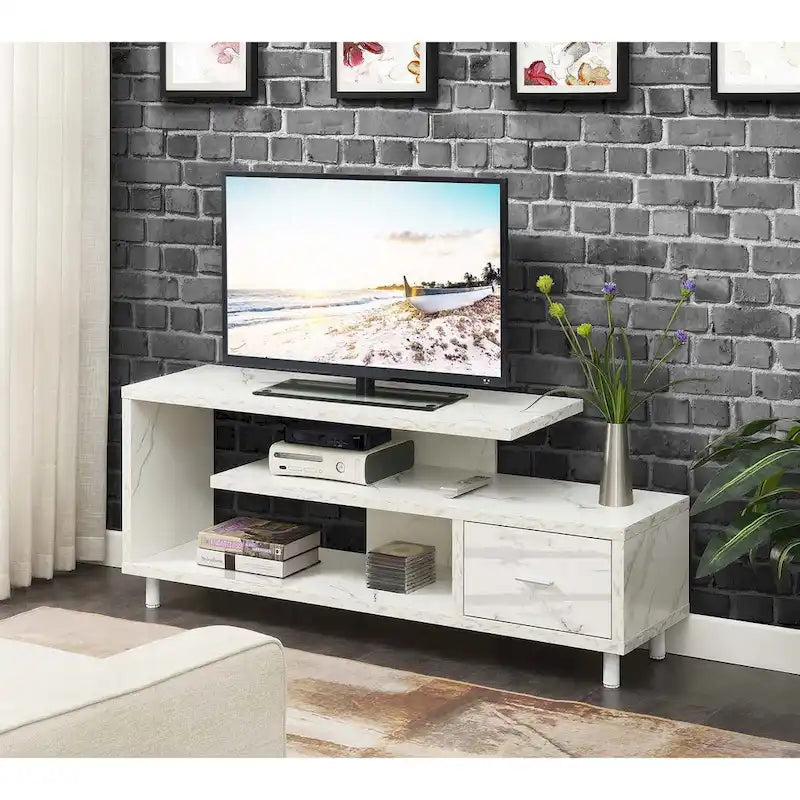 Meuble TV pour téléviseurs jusqu'à 65", 1 tiroir et 3 étagères ouvertes, bois manufacturé, 59"L x 15.5"P x 23.5"H, multicolore