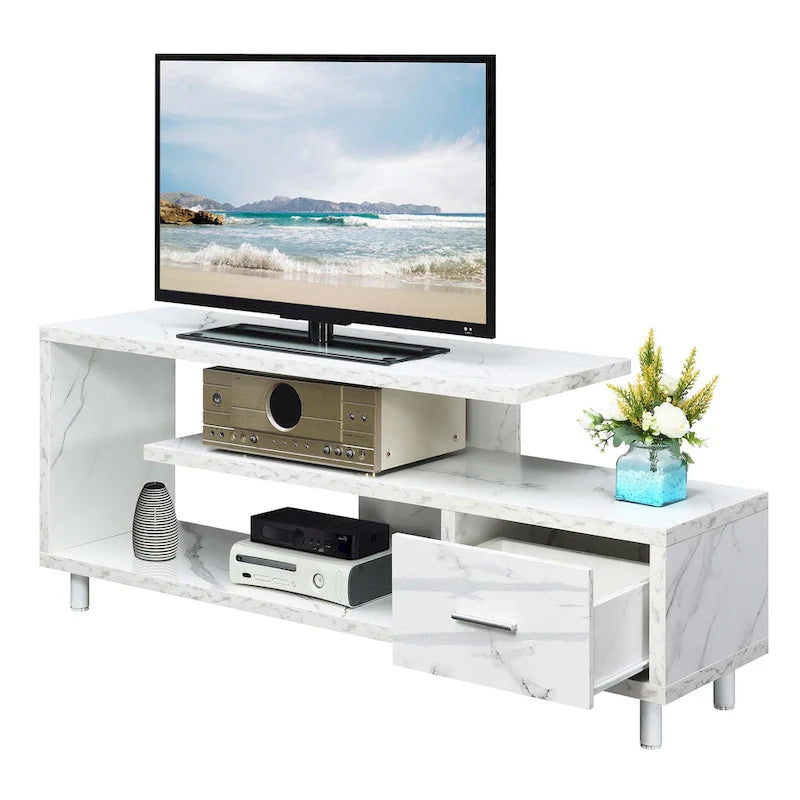 Meuble TV pour téléviseurs jusqu'à 65", 1 tiroir et 3 étagères ouvertes, bois manufacturé, 59"L x 15.5"P x 23.5"H, multicolore