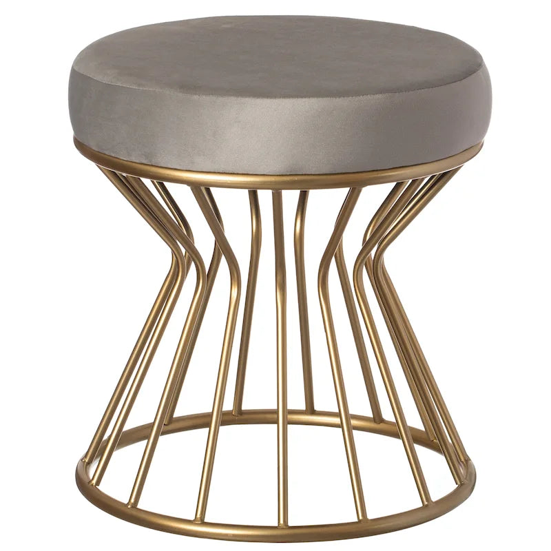 Pouf ottoman rond en velours, gris/noir, base en métal doré, moderne, 45 cm (diamètre) x 46 cm (hauteur)