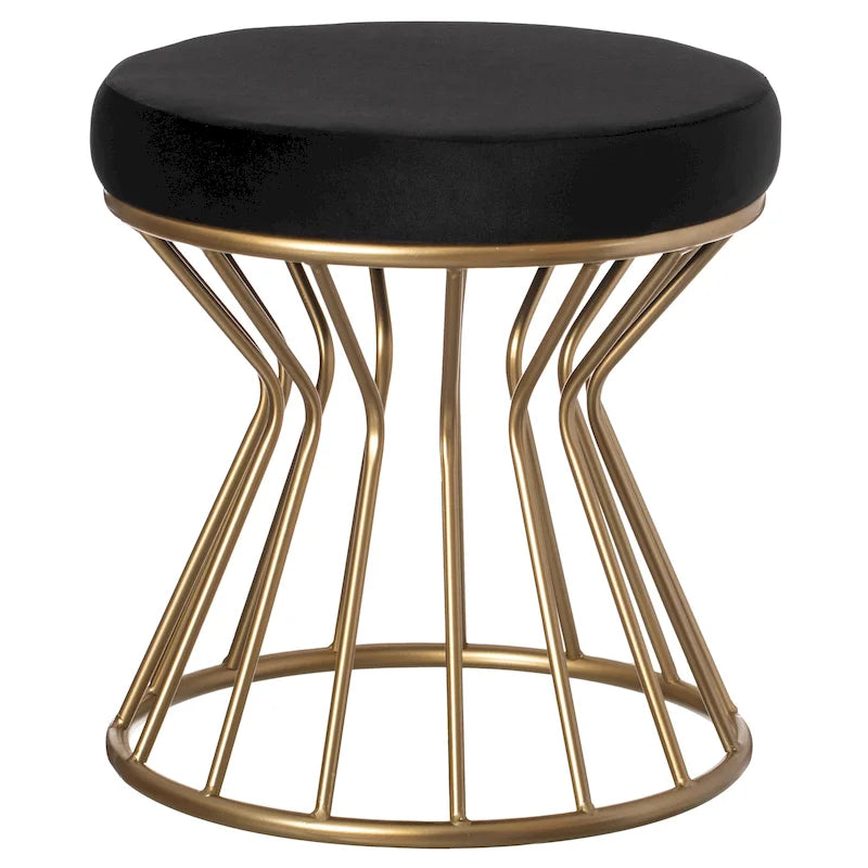 Pouf ottoman rond en velours, gris/noir, base en métal doré, moderne, 45 cm (diamètre) x 46 cm (hauteur)
