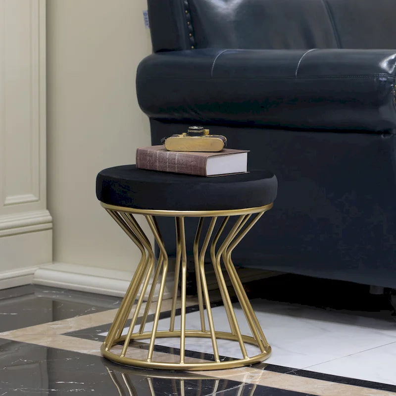 Pouf ottoman rond en velours, gris/noir, base en métal doré, moderne, 45 cm (diamètre) x 46 cm (hauteur)