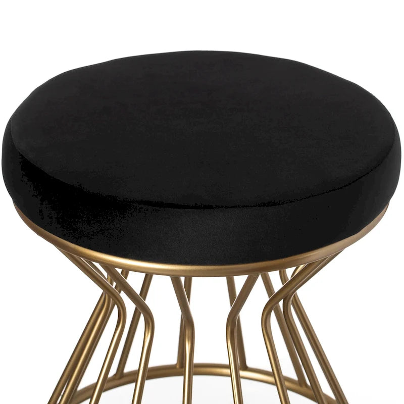 Pouf ottoman rond en velours, gris/noir, base en métal doré, moderne, 45 cm (diamètre) x 46 cm (hauteur)