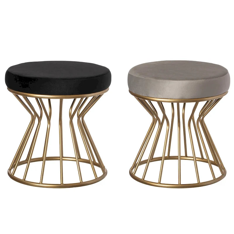 Pouf ottoman rond en velours, gris/noir, base en métal doré, moderne, 45 cm (diamètre) x 46 cm (hauteur)