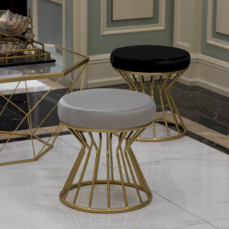 Pouf ottoman rond en velours, gris/noir, base en métal doré, moderne, 45 cm (diamètre) x 46 cm (hauteur)