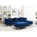 Canapé capitonné avec ottomane, bleu/gris/violet, clous décoratifs, 3 places et plus