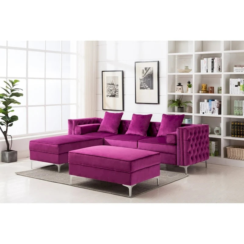 Canapé capitonné avec ottomane, bleu/gris/violet, clous décoratifs, 3 places et plus