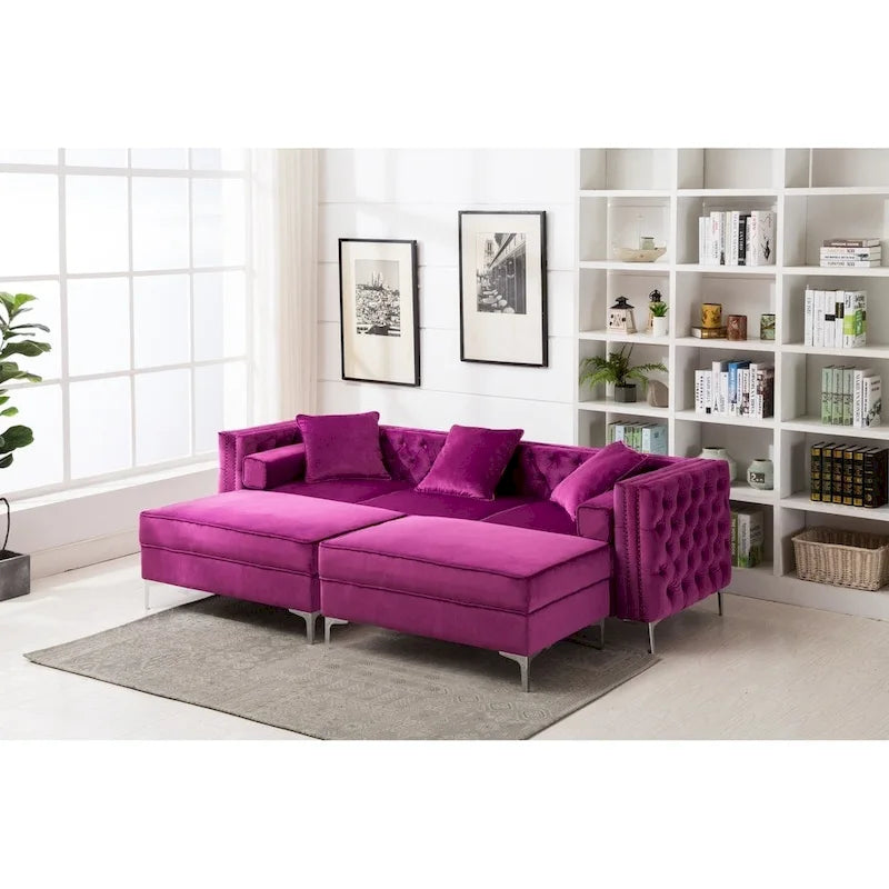 Canapé capitonné avec ottomane, bleu/gris/violet, clous décoratifs, 3 places et plus
