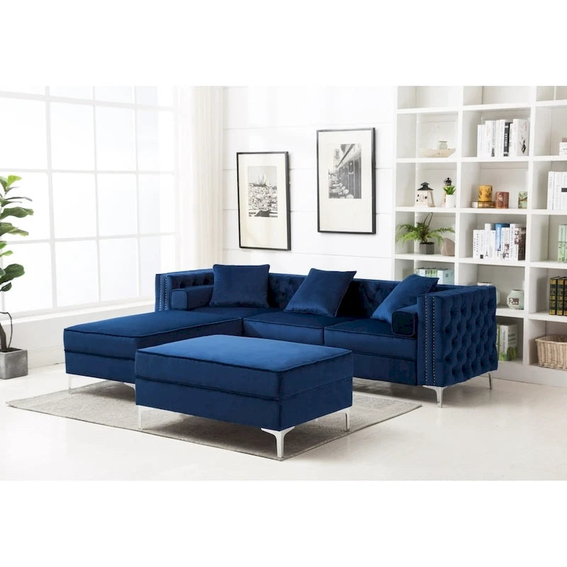 Canapé capitonné avec ottomane, bleu/gris/violet, clous décoratifs, 3 places et plus