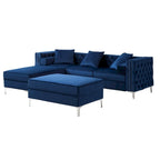 Canapé capitonné avec ottomane, bleu/gris/violet, clous décoratifs, 3 places et plus