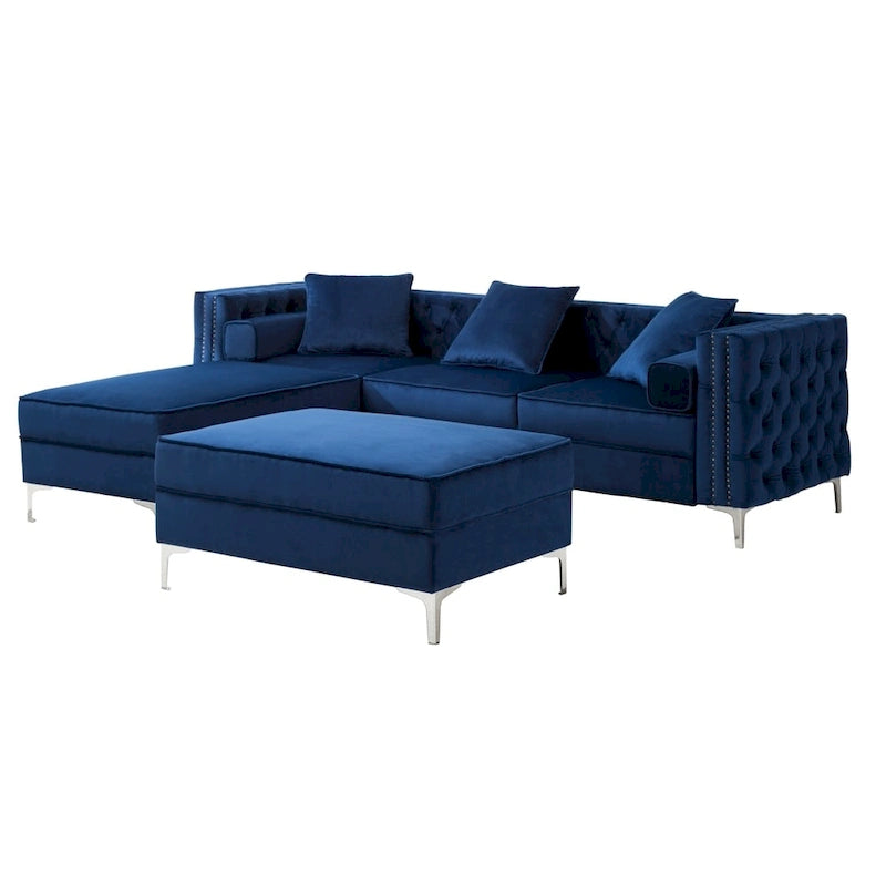 Canapé capitonné avec ottomane, bleu/gris/violet, clous décoratifs, 3 places et plus