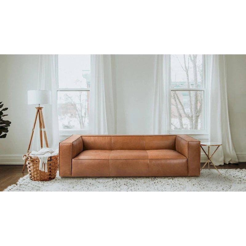Canapé en cuir aniline véritable marron/marron clair, accoudoirs carrés, 100"L x 43"P x 26,25"H, 3 places