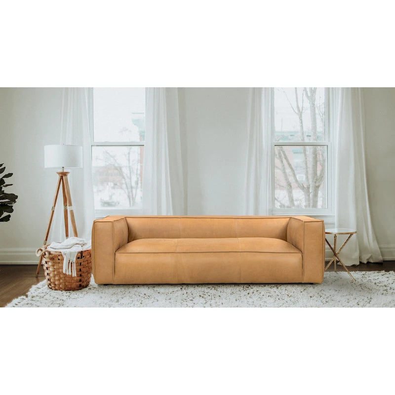 Canapé en cuir aniline véritable marron/marron clair, accoudoirs carrés, 100"L x 43"P x 26,25"H, 3 places