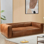 Canapé en cuir aniline véritable marron/marron clair, accoudoirs carrés, 100"L x 43"P x 26,25"H, 3 places