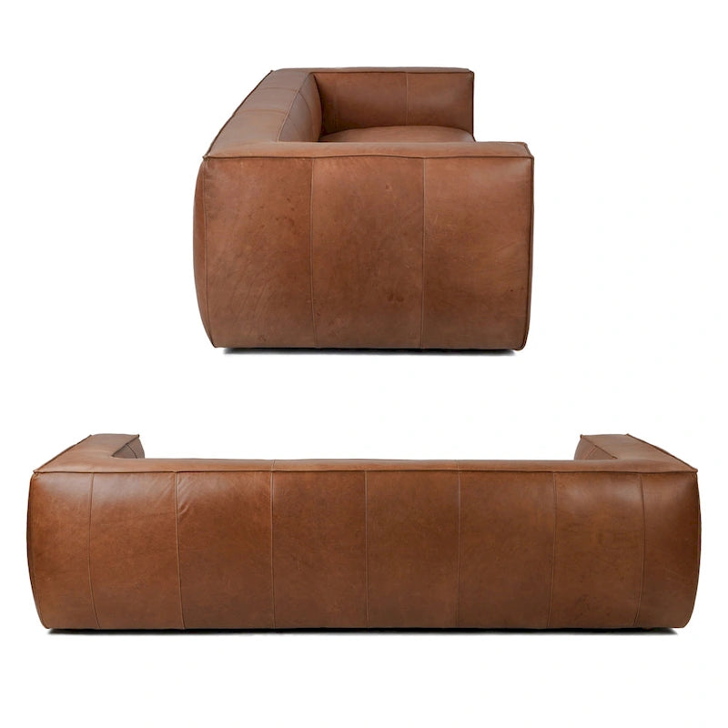 Canapé en cuir aniline véritable marron/marron clair, accoudoirs carrés, 100"L x 43"P x 26,25"H, 3 places