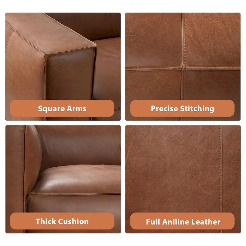 Canapé en cuir aniline véritable marron/marron clair, accoudoirs carrés, 100"L x 43"P x 26,25"H, 3 places