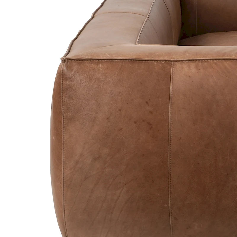 Canapé en cuir aniline véritable marron/marron clair, accoudoirs carrés, 100"L x 43"P x 26,25"H, 3 places