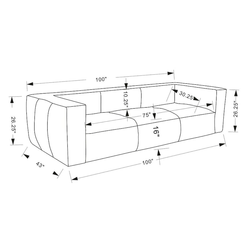 Canapé en cuir aniline véritable marron/marron clair, accoudoirs carrés, 100"L x 43"P x 26,25"H, 3 places