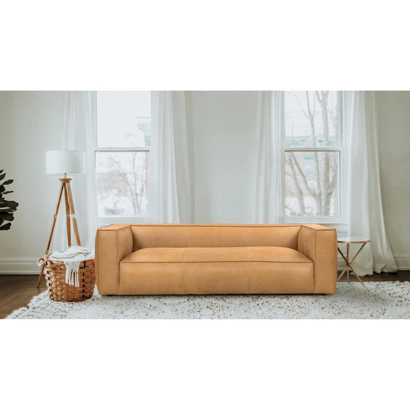 Canapé en cuir aniline véritable marron/marron clair, accoudoirs carrés, 100"L x 43"P x 26,25"H, 3 places