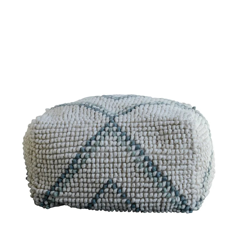 Pouf rond en laine et coton crème/gris/bleu sarcelle, 61 cm (L) x 41 cm (H), 1 personne, capacité de 113 kg