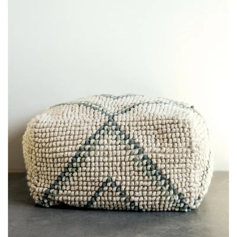 Pouf rond en laine et coton crème/gris/bleu sarcelle, 61 cm (L) x 41 cm (H), 1 personne, capacité de 113 kg