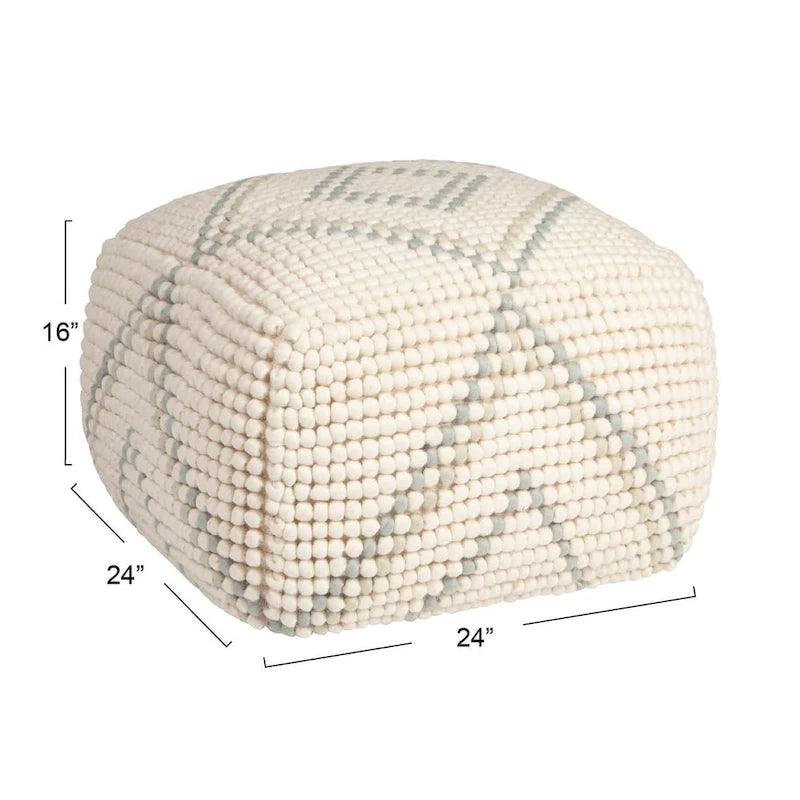 Pouf rond en laine et coton crème/gris/bleu sarcelle, 61 cm (L) x 41 cm (H), 1 personne, capacité de 113 kg