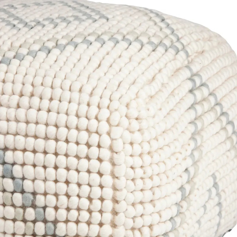 Pouf rond en laine et coton crème/gris/bleu sarcelle, 61 cm (L) x 41 cm (H), 1 personne, capacité de 113 kg