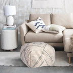 Pouf rond en laine et coton crème/gris/bleu sarcelle, 61 cm (L) x 41 cm (H), 1 personne, capacité de 113 kg