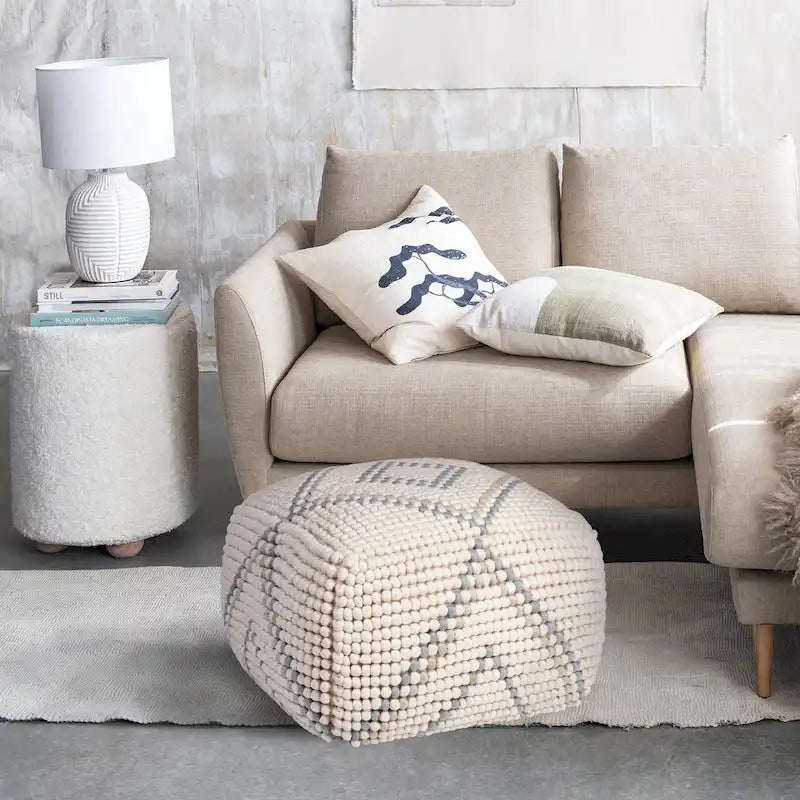 Pouf rond en laine et coton crème/gris/bleu sarcelle, 61 cm (L) x 41 cm (H), 1 personne, capacité de 113 kg