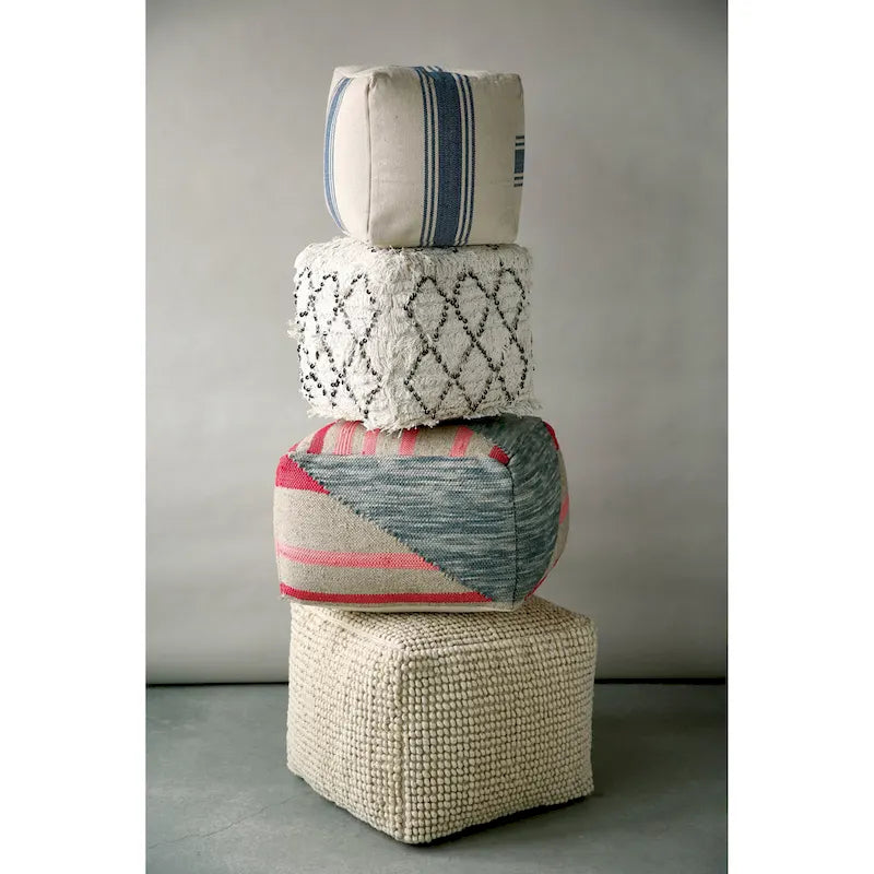 Pouf rond en laine et coton crème/gris/bleu sarcelle, 61 cm (L) x 41 cm (H), 1 personne, capacité de 113 kg