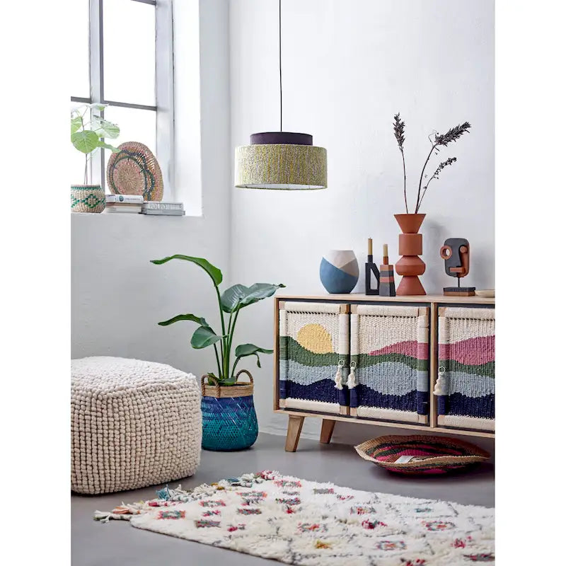 Pouf rond en laine et coton crème/gris/bleu sarcelle, 61 cm (L) x 41 cm (H), 1 personne, capacité de 113 kg
