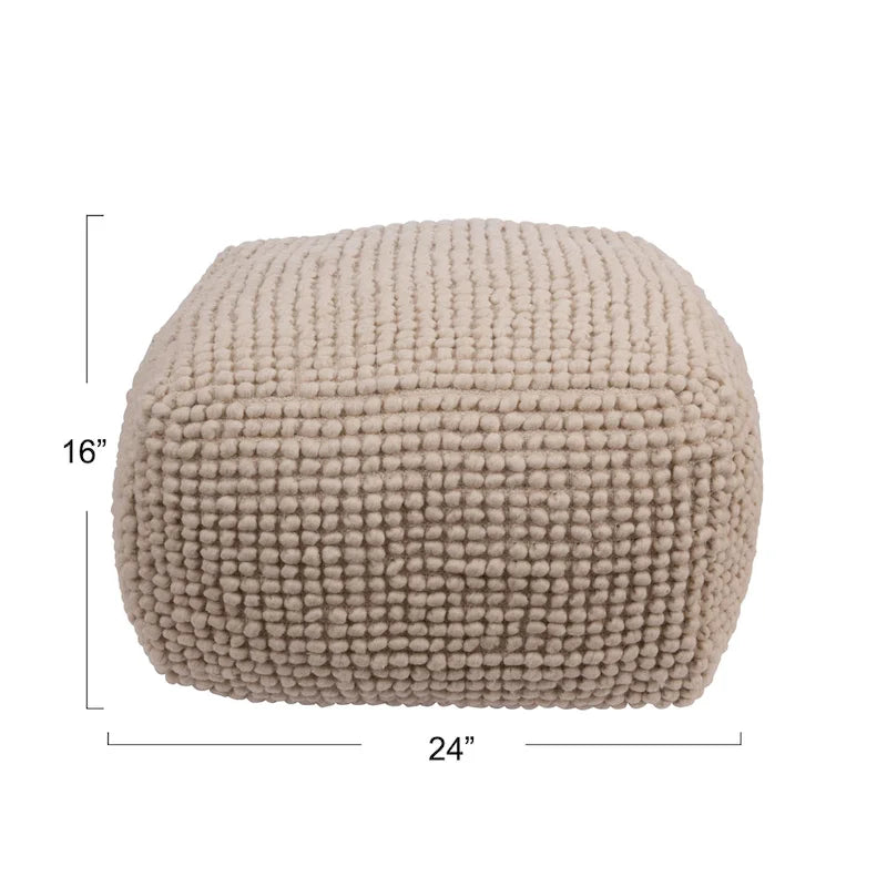 Pouf rond en laine et coton crème/gris/bleu sarcelle, 61 cm (L) x 41 cm (H), 1 personne, capacité de 113 kg