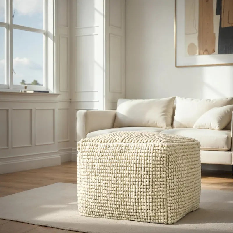 Pouf rond en laine et coton crème/gris/bleu sarcelle, 61 cm (L) x 41 cm (H), 1 personne, capacité de 113 kg