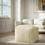 Pouf rond en laine et coton crème/gris/bleu sarcelle, 61 cm (L) x 41 cm (H), 1 personne, capacité de 113 kg