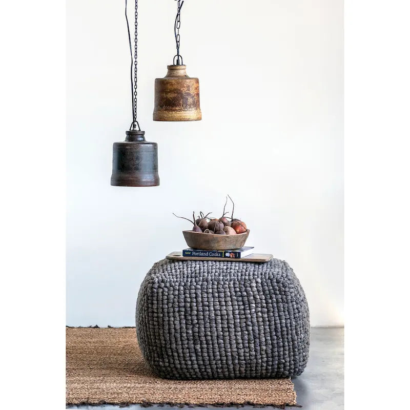 Pouf rond en laine et coton crème/gris/bleu sarcelle, 61 cm (L) x 41 cm (H), 1 personne, capacité de 113 kg