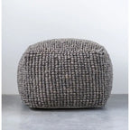 Pouf rond en laine et coton crème/gris/bleu sarcelle, 61 cm (L) x 41 cm (H), 1 personne, capacité de 113 kg