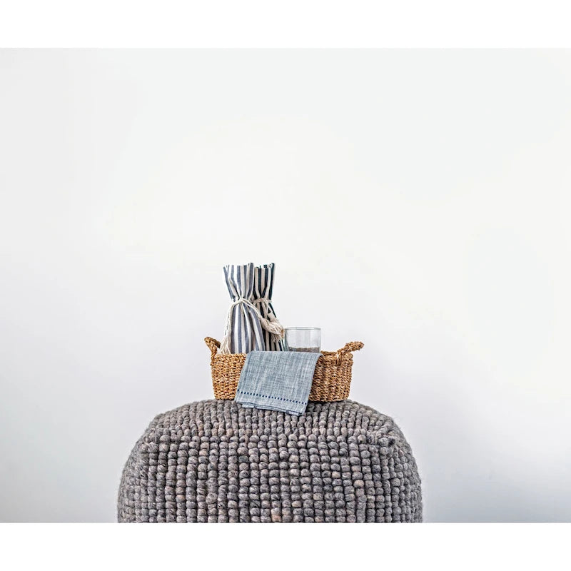 Pouf rond en laine et coton crème/gris/bleu sarcelle, 61 cm (L) x 41 cm (H), 1 personne, capacité de 113 kg